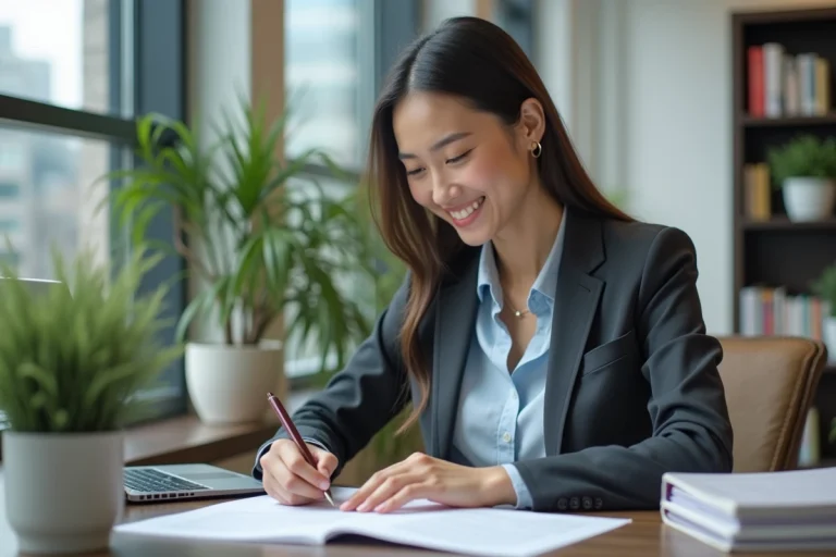 Jeune femme entrepreneure souriante dans un bureau moderne