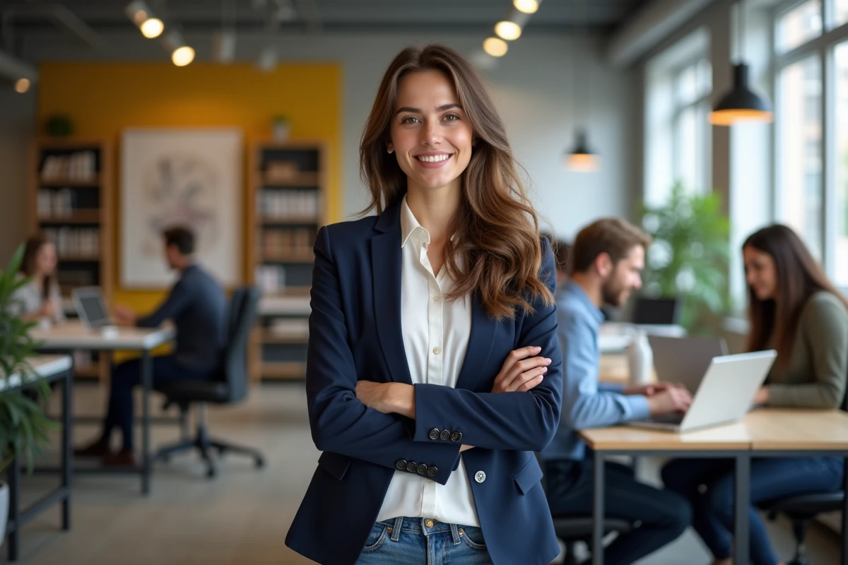 Jeune entrepreneure dans un espace de coworking dynamique