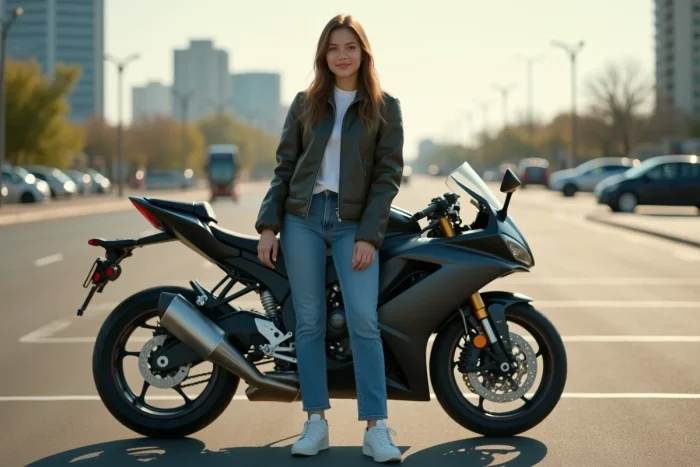 Jeune femme avec moto en ville en journée
