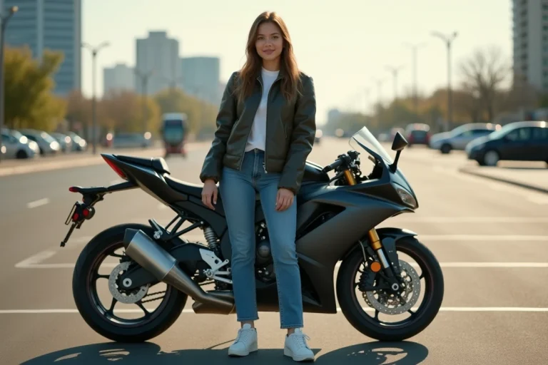 Jeune femme avec moto en ville en journée