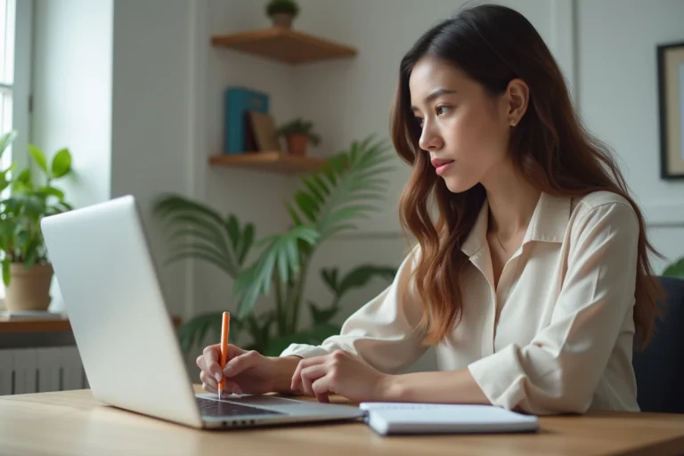 Jeune femme cherchant des annonces immobilières sur son ordinateur
