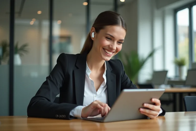 Jeune femme en tenue moderne utilisant une tablette dans un bureau lumineux