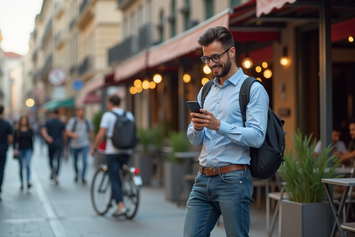 Jeune homme dans une rue urbaine avec smartphone