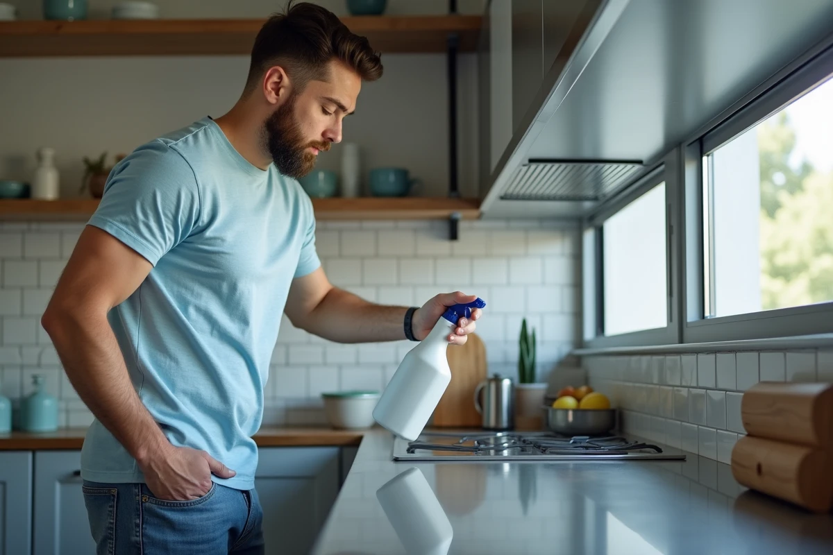 Jeune homme utilisant un spray sur plan de cuisine en inox