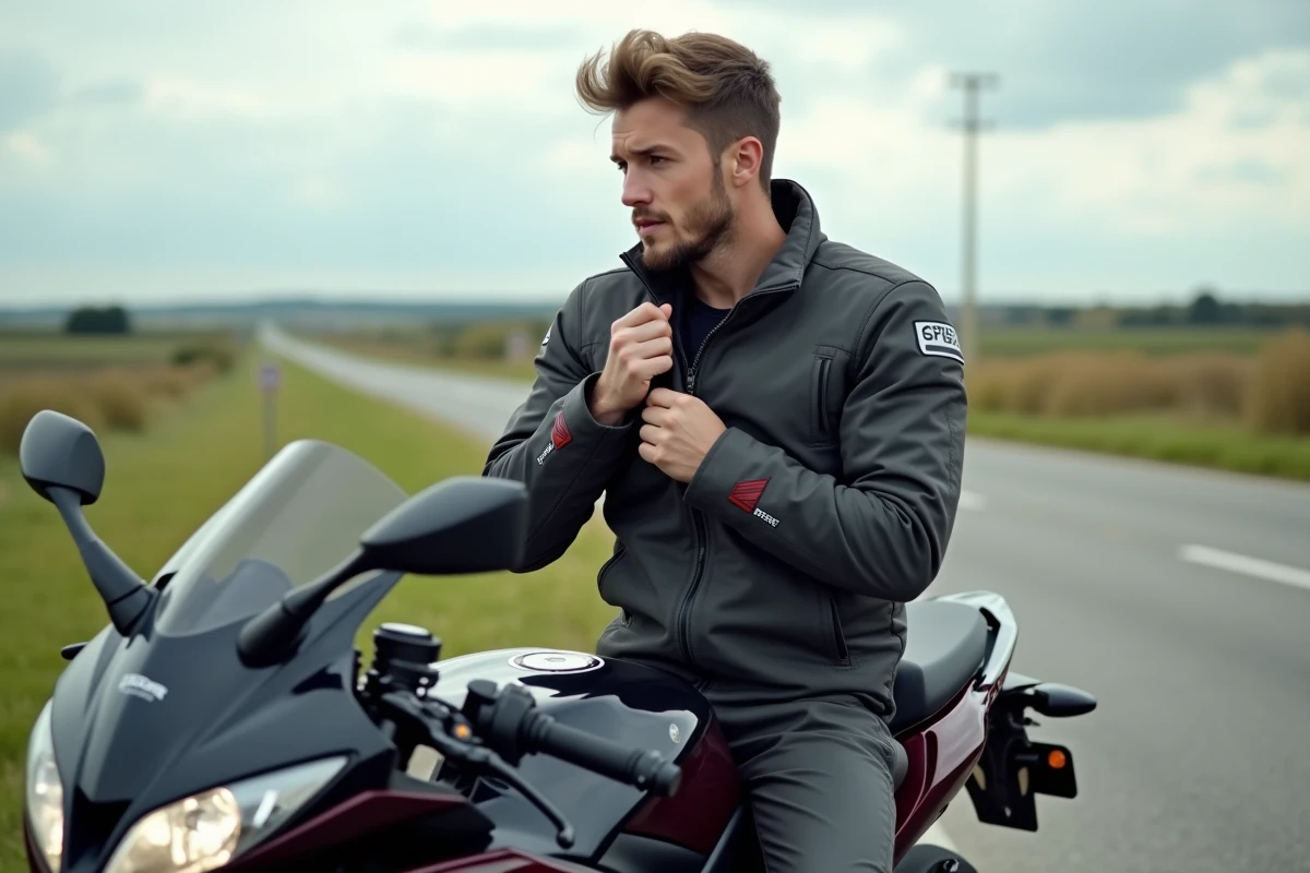 Jeune homme en campagne avec moto et gear