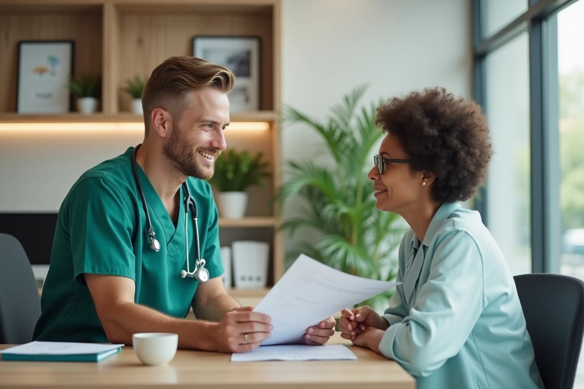 Jeune infirmière explique un diagramme de soins à une femme