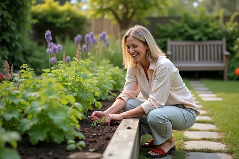 Femme d'âge moyen plantant des herbes dans un jardin