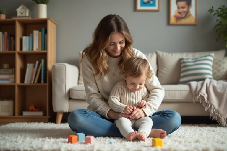 Maman jouant avec son enfant dans un salon chaleureux