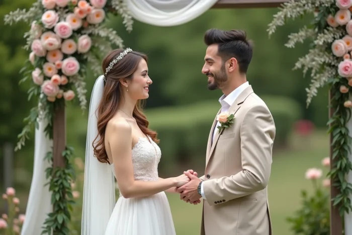 Jeune couple échangeant leurs vœux en extérieur lors d'un mariage