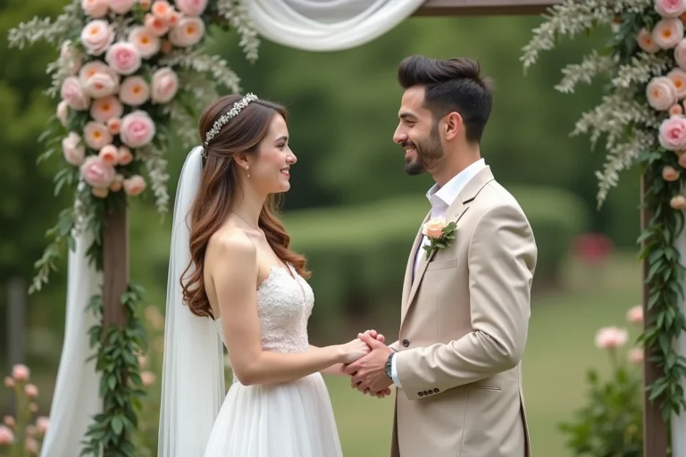 Jeune couple échangeant leurs vœux en extérieur lors d'un mariage