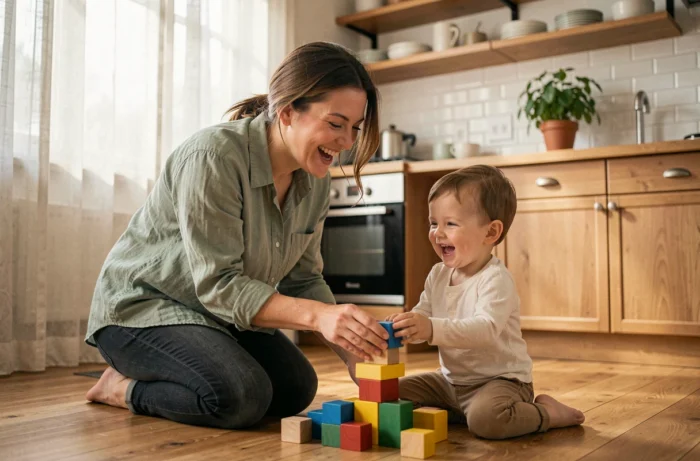 Mère et jeune enfant jouant avec des cubes en bois sur le sol d'une cuisine familiale chaleureuse