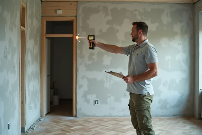 Métreur mesurant la surface habitable d'un appartement en cours de rénovation avec un télémètre laser