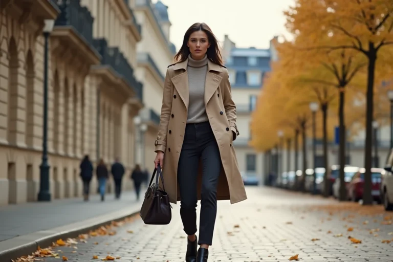 Femme élégante en trench-coat beige marchant sur un boulevard parisien haussmannien en automne, style mode parisienne
