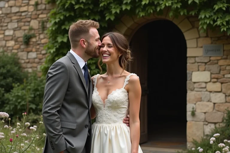 Mariés partageant un moment complice et spontané derrière une chapelle en pierre lors d'une vidéo de mariage originale
