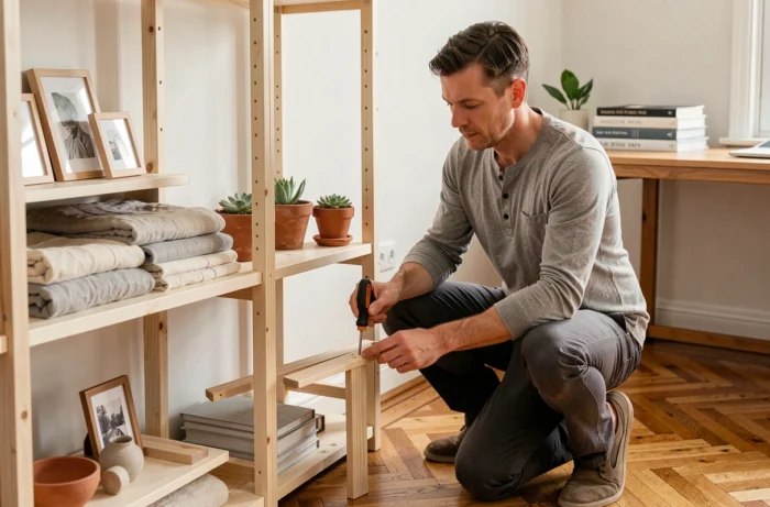Homme assemblant un meuble en bois dans une pièce à aménager avec objets décoratifs et parquet en chevrons pour illustrer la décoration DIY à la maison