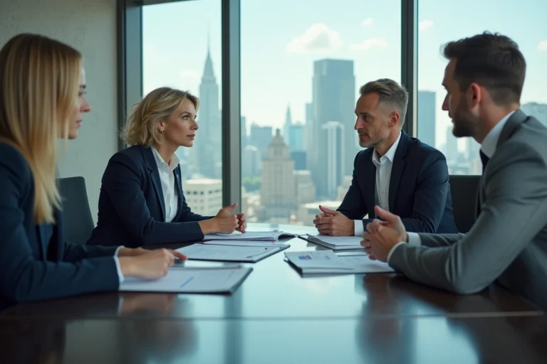 Organisatrice d'événement négociant un contrat avec un agent artistique autour d'une table de réunion professionnelle