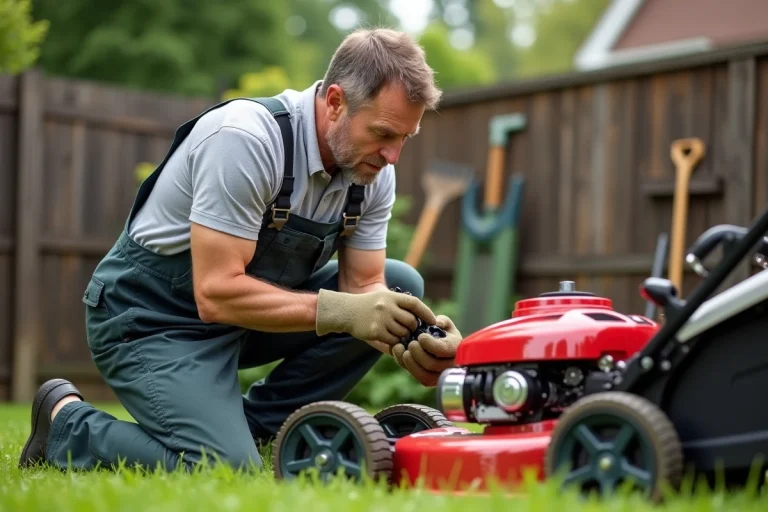 Homme en overalls examine un filtre à air de tondeuse