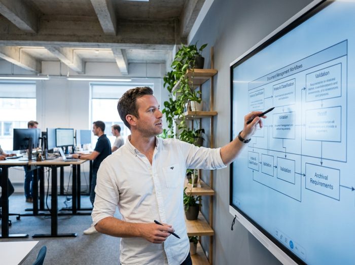 Responsable informatique présentant un organigramme de gestion documentaire sur tableau numérique dans un bureau moderne