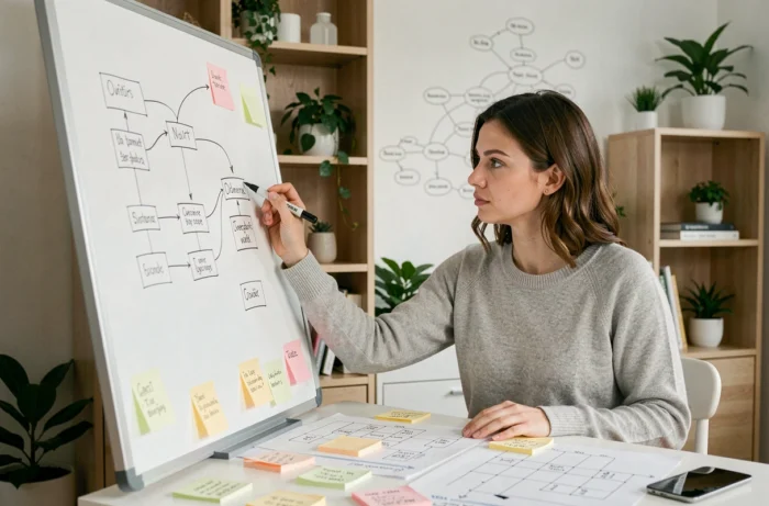 Femme organisant un plan de site de blog technologique sur un tableau blanc dans un bureau moderne