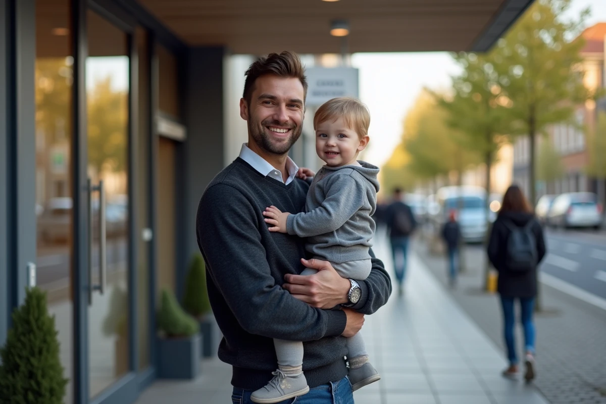 Père et enfant souriants devant un centre de santé belge