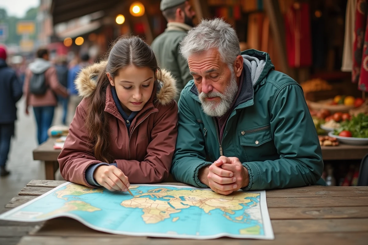 Pere et fille regardant une carte au marché