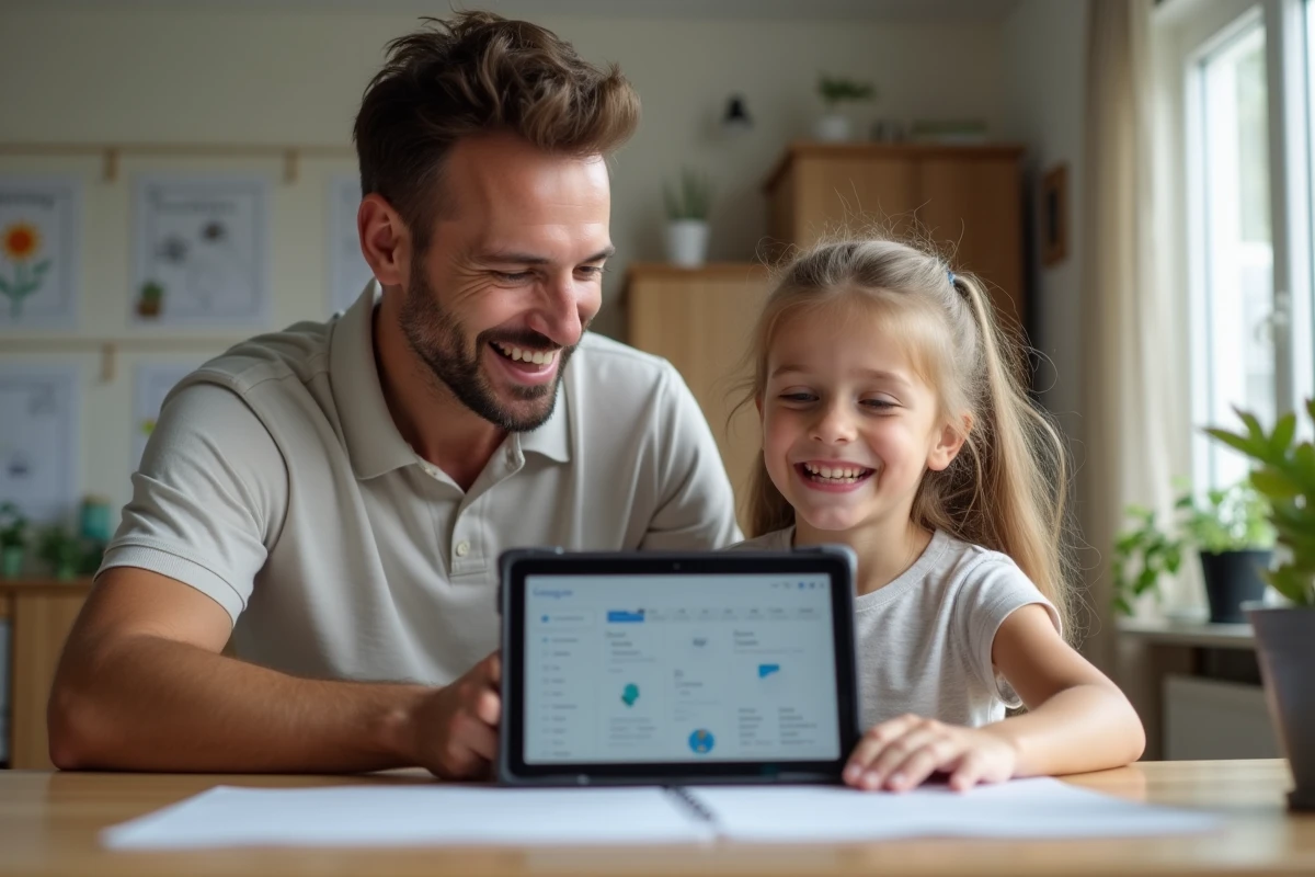 Père et fille souriants utilisant la plateforme éducartable