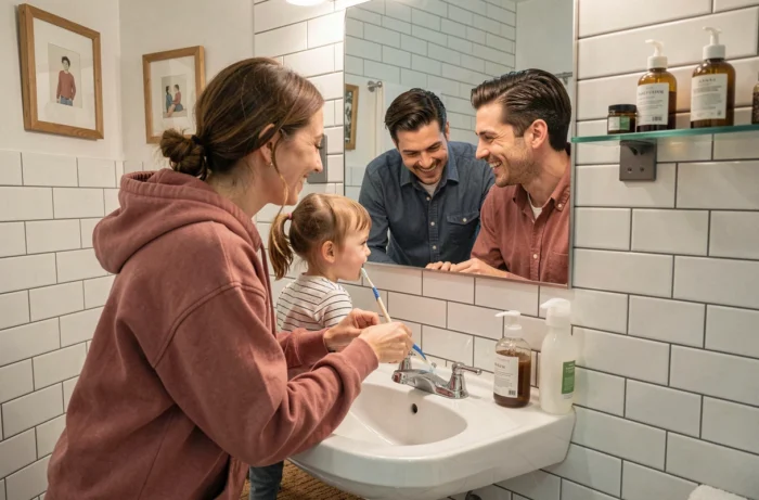 Deux parents aidant leur enfant à se brosser les dents dans une salle de bain familiale reflétée dans un miroir