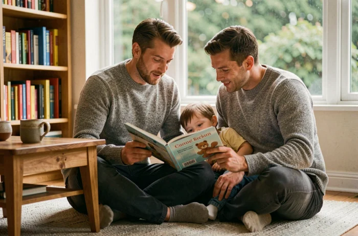 Père lisant un livre illustré à son enfant sur un tapis de salon confortable