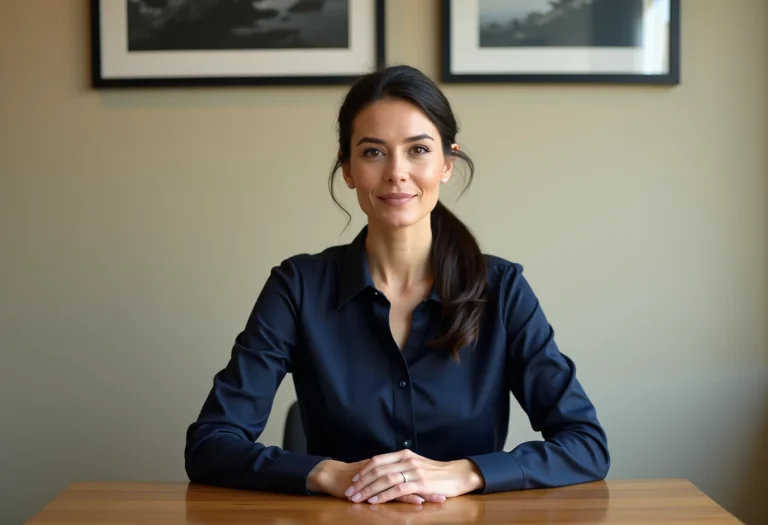Portrait d'une femme en blouse navy élégante