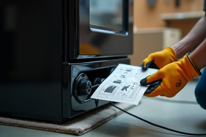 Gros plan sur la prise électrique et le panneau arrière d'une cuisinière posée sur des couvertures de protection dans un garage