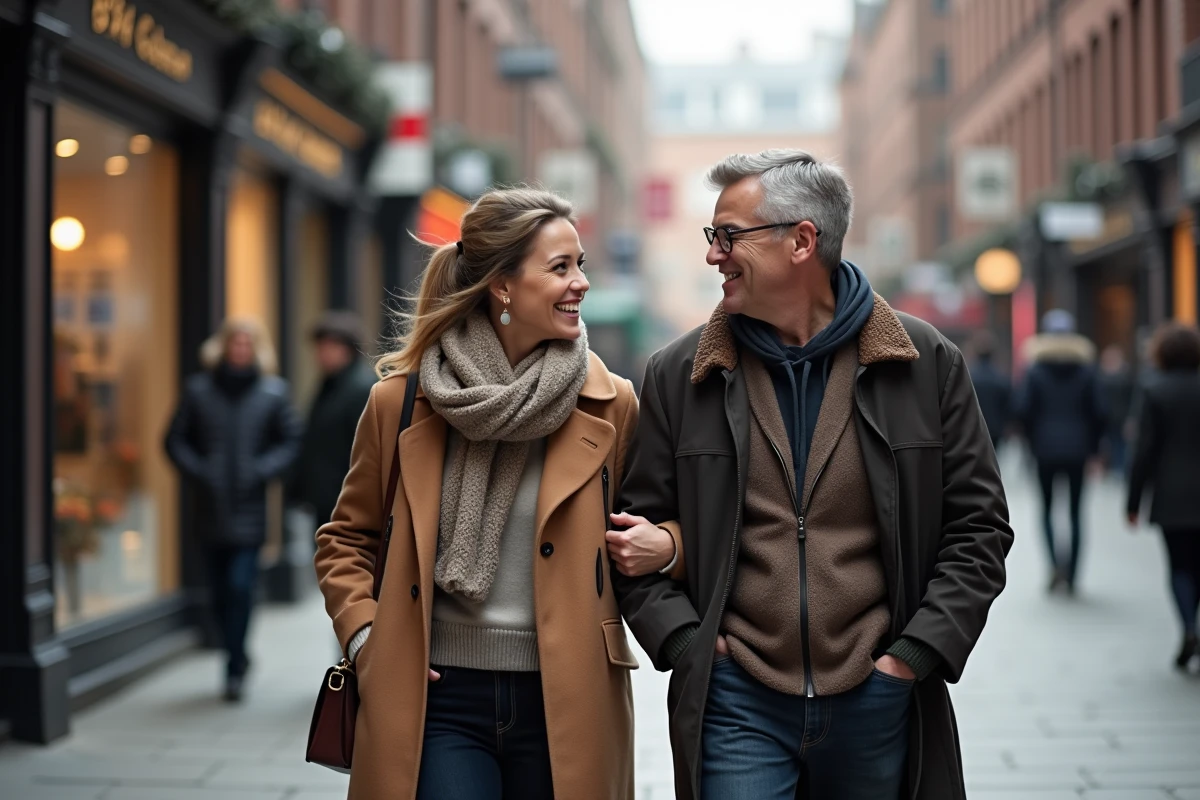 Couple marchant dans une rue urbaine animée