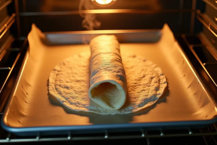 Burrito réchauffé au four sur une plaque recouverte de papier cuisson avec une légère croûte dorée et de la vapeur visible