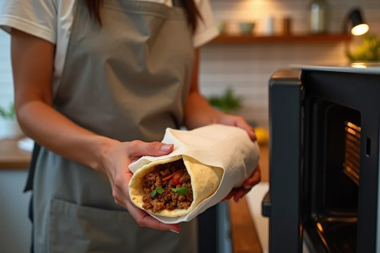 Femme enveloppant un burrito dans un papier absorbant humide avant de le réchauffer au micro-ondes dans une cuisine moderne