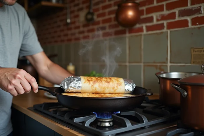 Homme réchauffant un burrito enveloppé dans du papier aluminium dans une poêle en fonte sur une cuisinière à gaz
