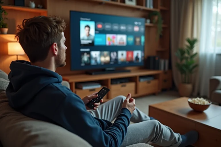 Homme cherchant un film d'animation sur une plateforme de streaming depuis son canapé