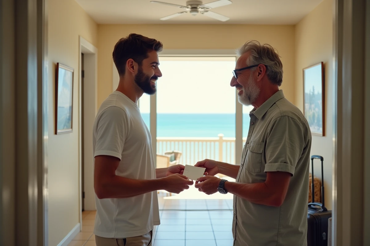 Jeune homme remettant un acompte au propriétaire devant la maison