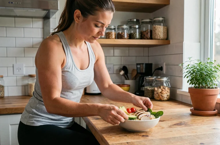 Femme sportive préparant un repas équilibré riche en protéines et légumes frais pour optimiser ses performances sportives