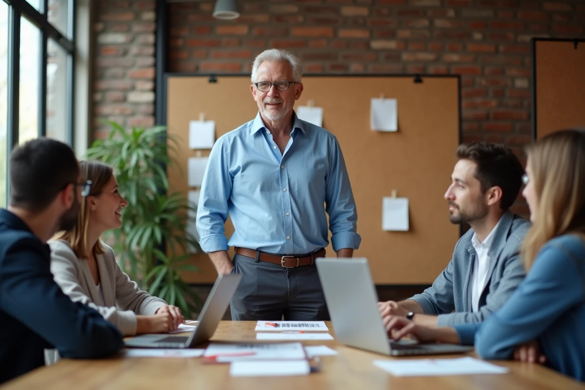 Homme entrepreneur menant une réunion avec collègues dans un espace de coworking