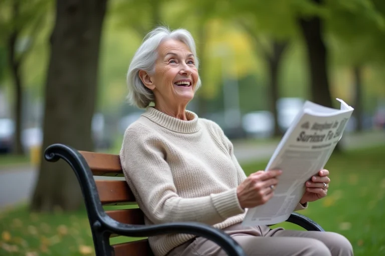 Femme senior souriante lisant un journal dans un parc