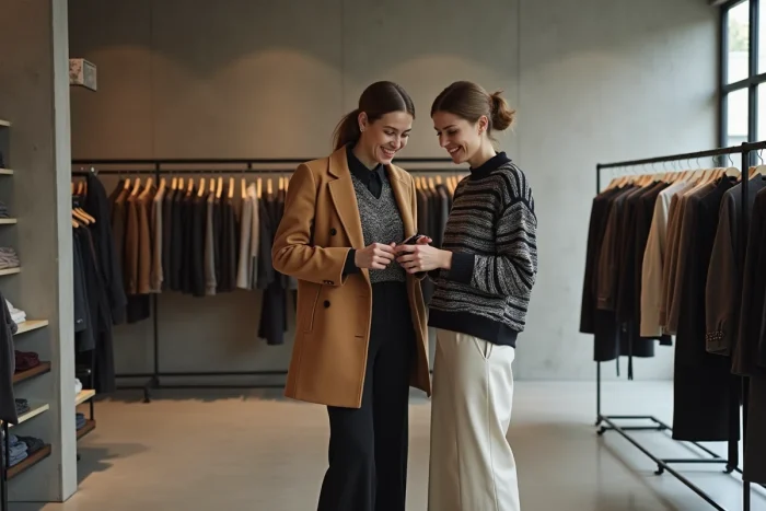 Deux amies explorant les vêtements dans une boutique de mode tendance du Marais à Paris, ambiance shopping fashion