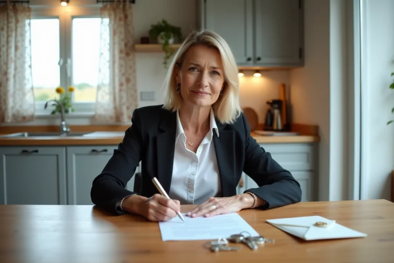 Femme signant un contrat de location dans une cuisine moderne