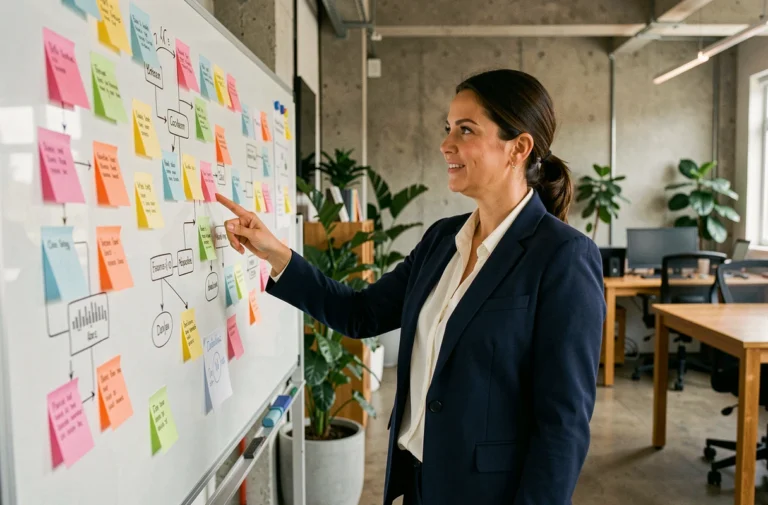 Femme professionnelle présentant une stratégie marketing innovante sur un tableau blanc dans un bureau moderne