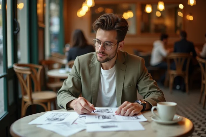 Styliste de mode masculin dans un café parisien classique, entouré de swatches de tissus et de croquis fashion