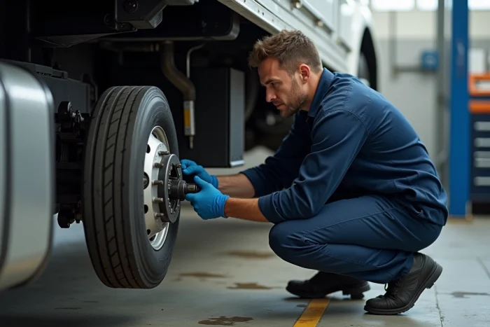 Technicien inspectant le châssis et le train arrière d'un camion 3,5 tonnes dans un garage de maintenance automobile