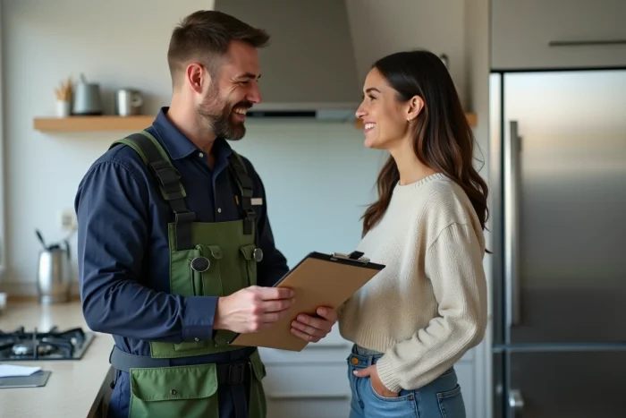 Technicien en réparation cuisine avec une cliente souriante