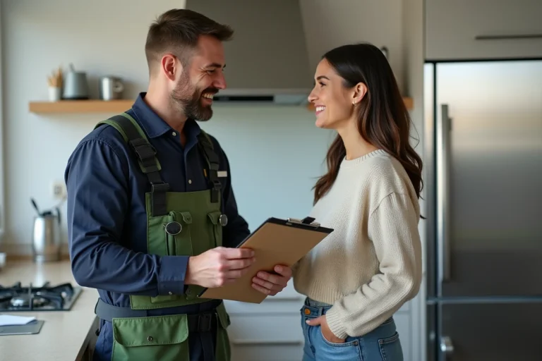 Technicien en réparation cuisine avec une cliente souriante