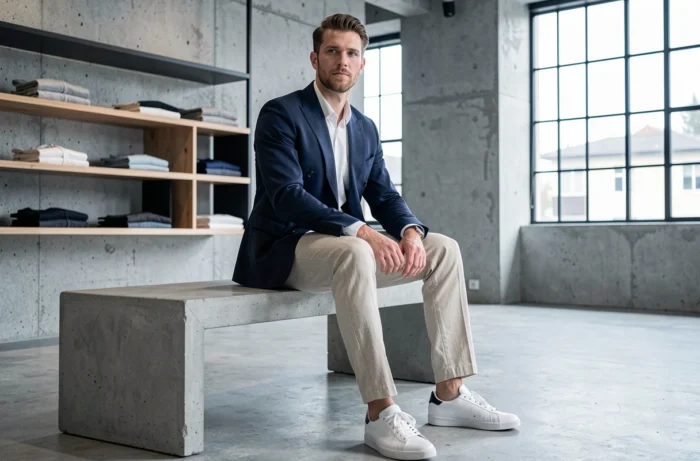 Homme en blazer navy double boutonnage et pantalon en lin écru assis dans un concept store minimaliste, tendances mode masculine printemps-été 2024