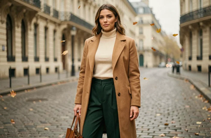 Femme élégante en manteau camel oversize et pantalon large vert forêt, tenant un sac en cuir cognac dans une rue pavée parisienne en automne 2024