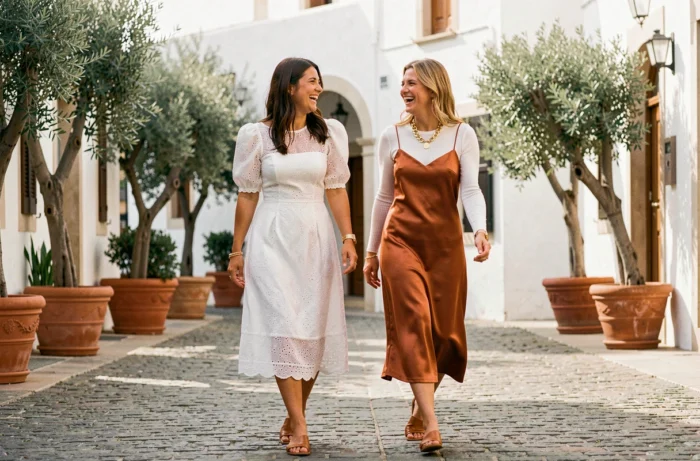 Deux femmes élégantes en robes tendance 2024 marchant sur une promenade méditerranéenne ensoleillée, robe broderie anglaise et robe slip satin rouille