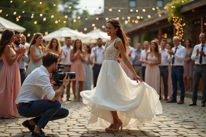 Vidéaste filmant des mariés qui dansent lors d'une réception de mariage en extérieur avec des invités joyeux